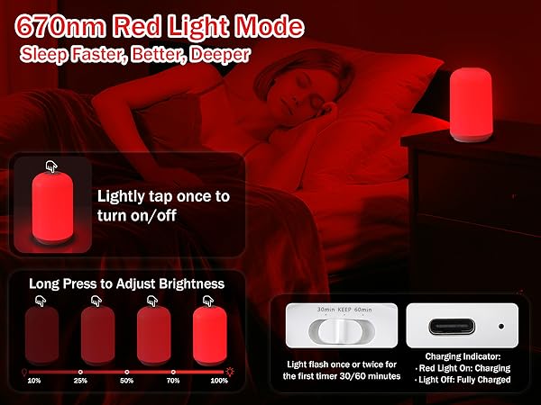 670nm red light touch night light dimmable timer rechargeable sleep lamp