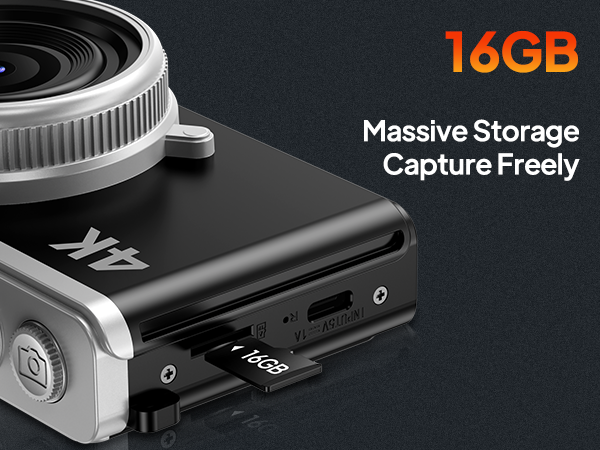 Text reads '16GB' and 'Massive Storage Capture Freely'. Close-up of a black camera or device with silver lens mount and memory card slot visible.