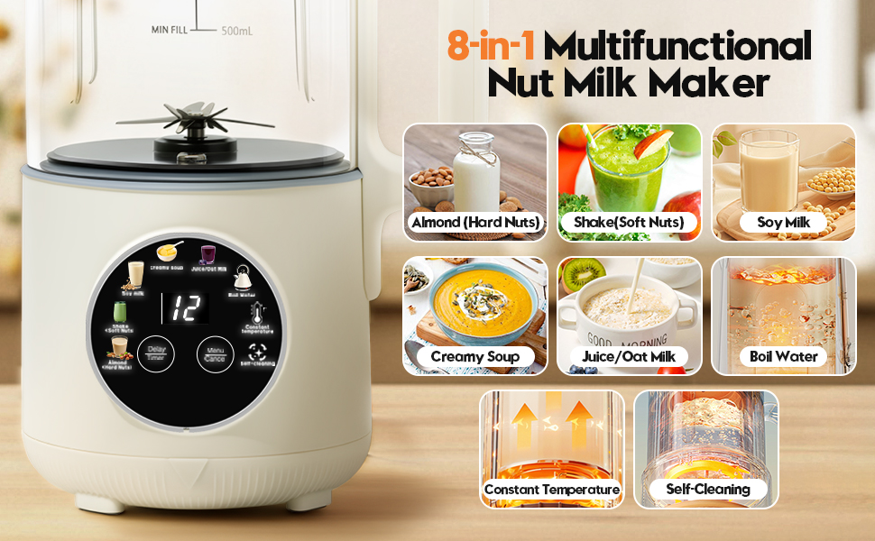 8-in-1 Nut Milk Maker Machine, 50oz Glass Soy Almond Oat Milk Maker with 20 Blades
