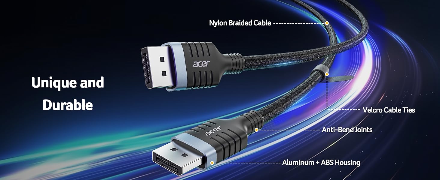 Text reads 'Unique and Durable'. Technical product illustration showing a detailed cable or connector design with blue light effects and metallic components.