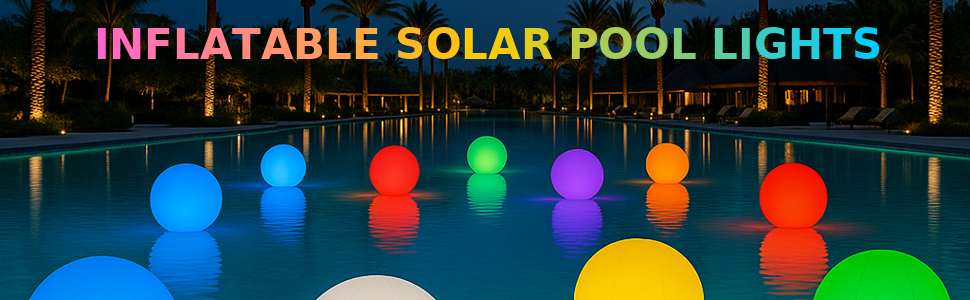 Inflatable solar LED pool lights glowing in a resort pool at night.