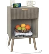 Fultyle Mid Century Modern Nightstand with Charging Station, Modern Bedside Table with Fluted Dra...