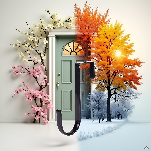 A cozy front porch with a rustic wooden door, showcasing the product hanging elegantly.