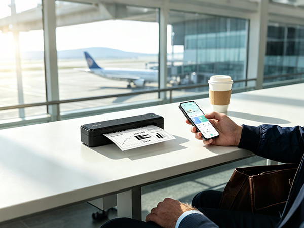 Traveler uses a smartphone to print a business document with the A8 Bluetooth printer at an airport