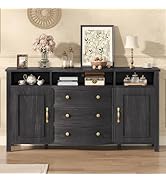 UPOSOJA Buffet Sideboard Cabinet with Storage Farmhouse Curved with 3 Drawers, Table Coffee Bar W...