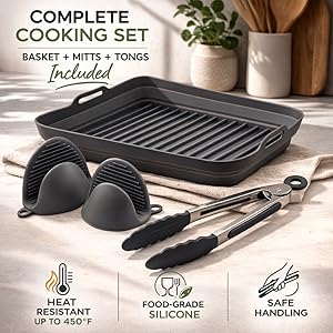 basket, mitts and tongs