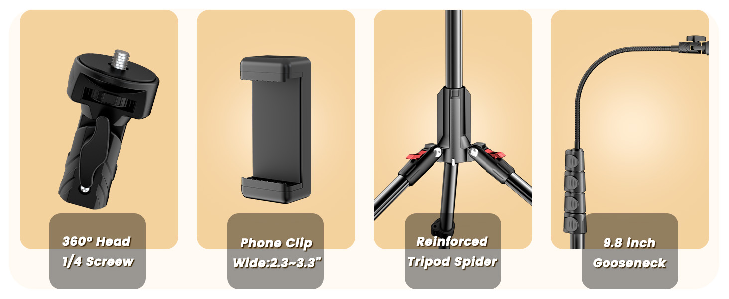 Features: 360° Head with 1/4" Screw | 2.3"-3.3" Phone Clip | Reinforced Spider | 9.8" Gooseneck.