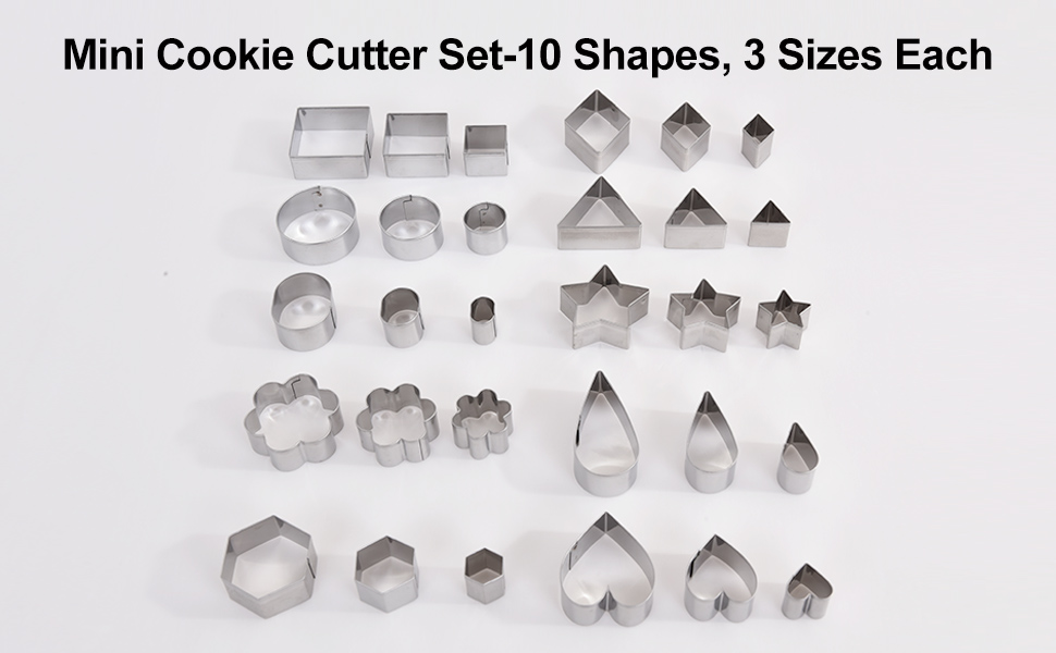 The set includes 10 distinct shapes, each shape comes in 3 sizes