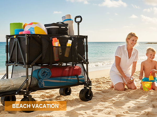 All-terrain beach wagon for sand with oversized wheels and double decker space for family trips