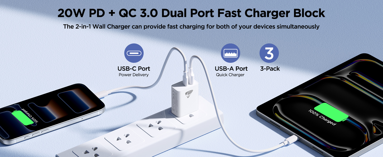 20w dual port usb a and usb c wall charger plug