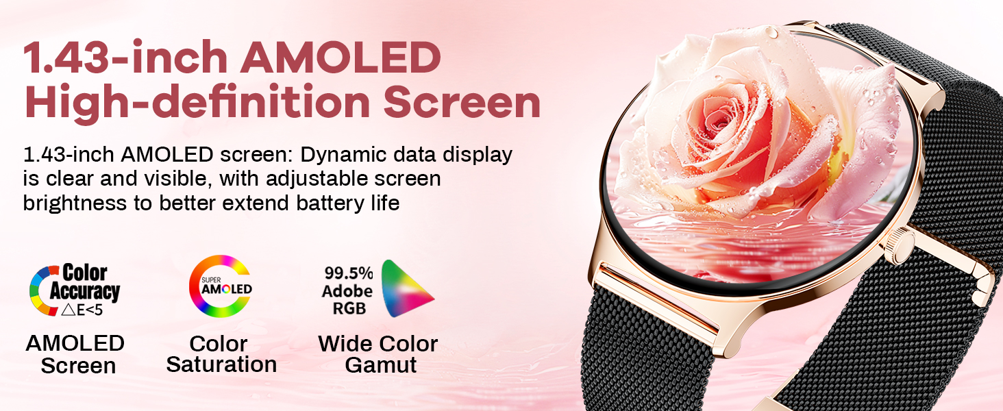 Smartwatch with round 1.43-inch AMOLED screen displaying a pink rose. Features high-definition display, adjustable brightness, and wide color gamut. Black mesh band and gold-tone bezel.