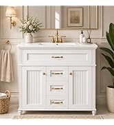 USHOWER 36" Bathroom Vanity with Ceramic Sink, Modern Farmhouse Style, Fluted Bathroom Storage wi...