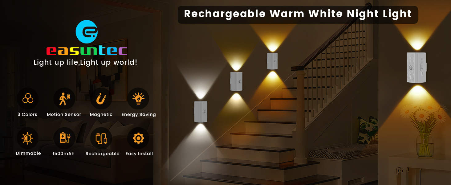 easuntec warm white night light rechargeable motion sensor magnetic stick on white pc 001