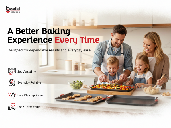 Parents and kids prep food on counter with Boxiki cookie sheets nearby