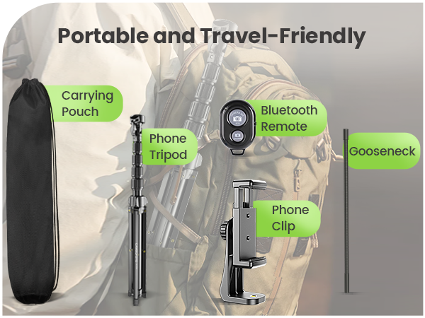 Package includes: phone tripod, gooseneck, phone holder, Bluetooth remote, drawstring pouch.