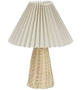 Wisoqu Small Pleated, Bedside Night Lamp with Rattan Base, Vintage Soft Warm Light, Fabric Shade ...