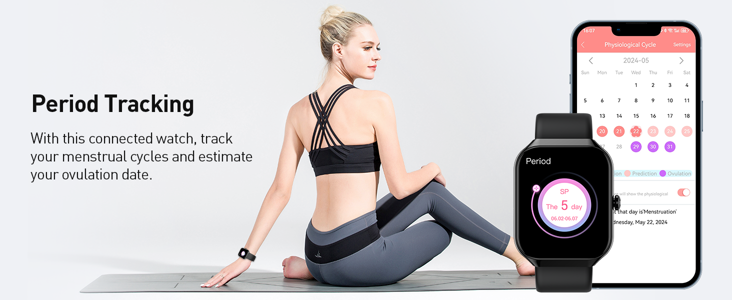 Period tracking app interface shown on smartphone and smartwatch displays, with interface demonstrating calendar and tracking features.