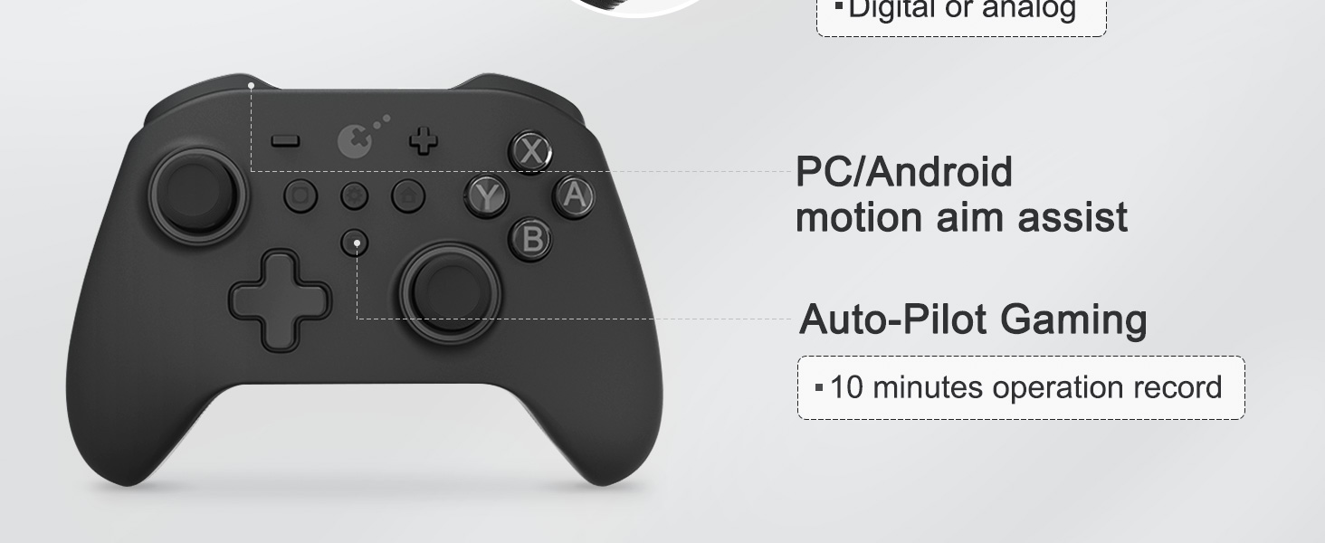 Gaming controller product showcase with text 'PC/Android' and 'Auto-iPad Gaming'. Black gaming controller shown from multiple angles.