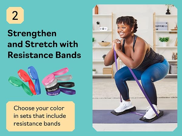 Woman training with resistance bands on slant board calf stretcher and squat wedge block at home