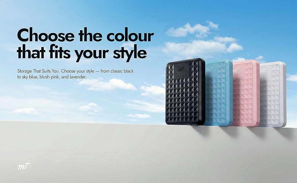 Text reads 'Choose the colour that fits your style.' Advertisement showing hard-shell luggage cases in different colors (black, blue, pink, silver) against a blue sky background.