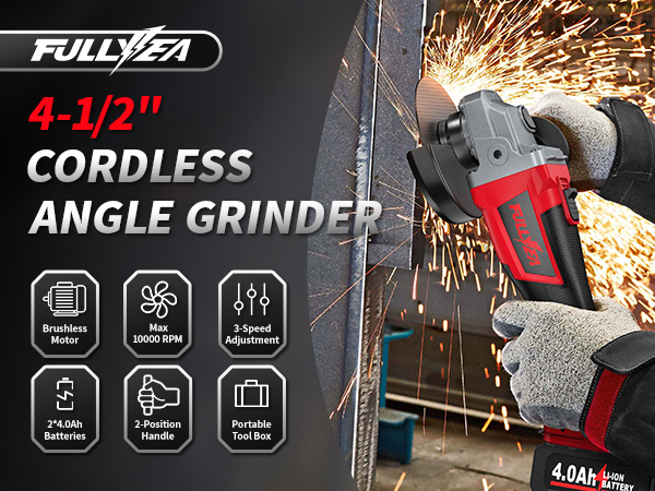 FULLYEA Cordless Angle Grinder 4-1/2 inch Brushless Metal Grinder 10000RPM Powerful