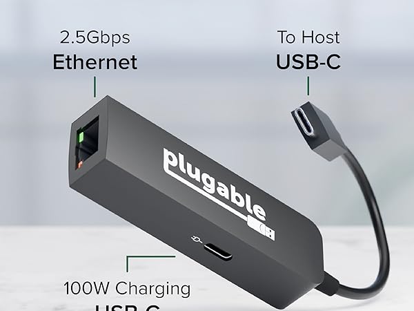 Plugable USB C 2.5Gbps ethernet port, 100W pass through charging port, USB-C to host cable
