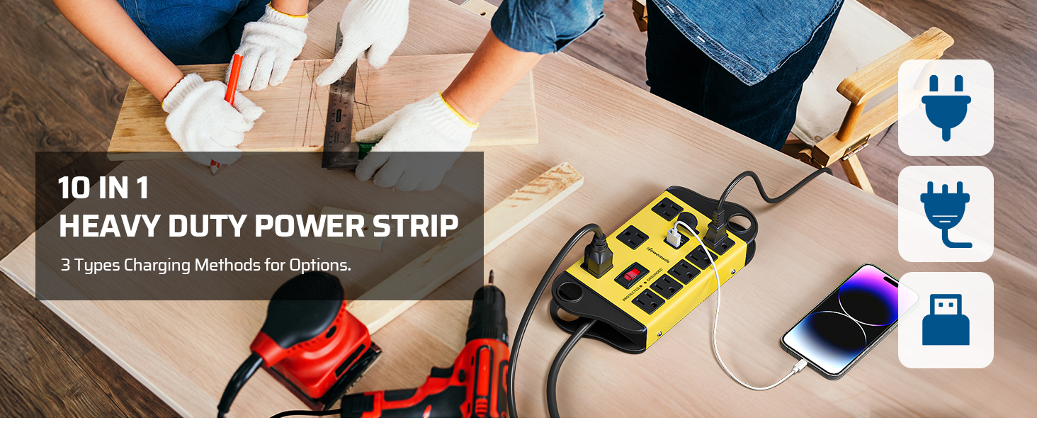 Metal Power Strip Surge Protector with 2 USB Ports