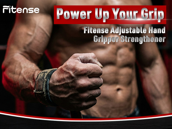 Text reads 'Fitense Adjustable Hand Gripper Strengthener' and 'Power Up Your Grip'. Multiple views of a hand grip exercise device shown in use, demonstrating proper grip technique.