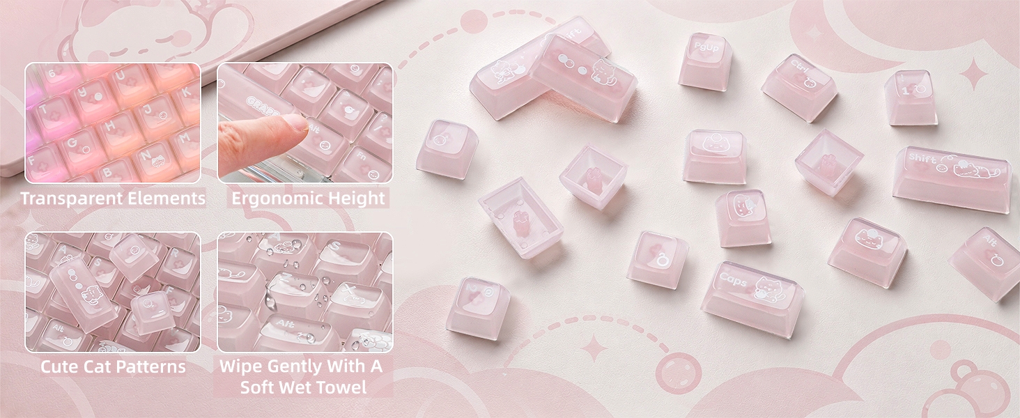 Clear Jelly Keycaps Pink Cat Shine Through Keycaps Crystal Translucent Keycaps