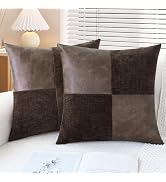 CaliTime Throw Pillow Covers Decorative 18 X 18 Inches Pack of 2 Cozy Chenille Faux Leather Splic...