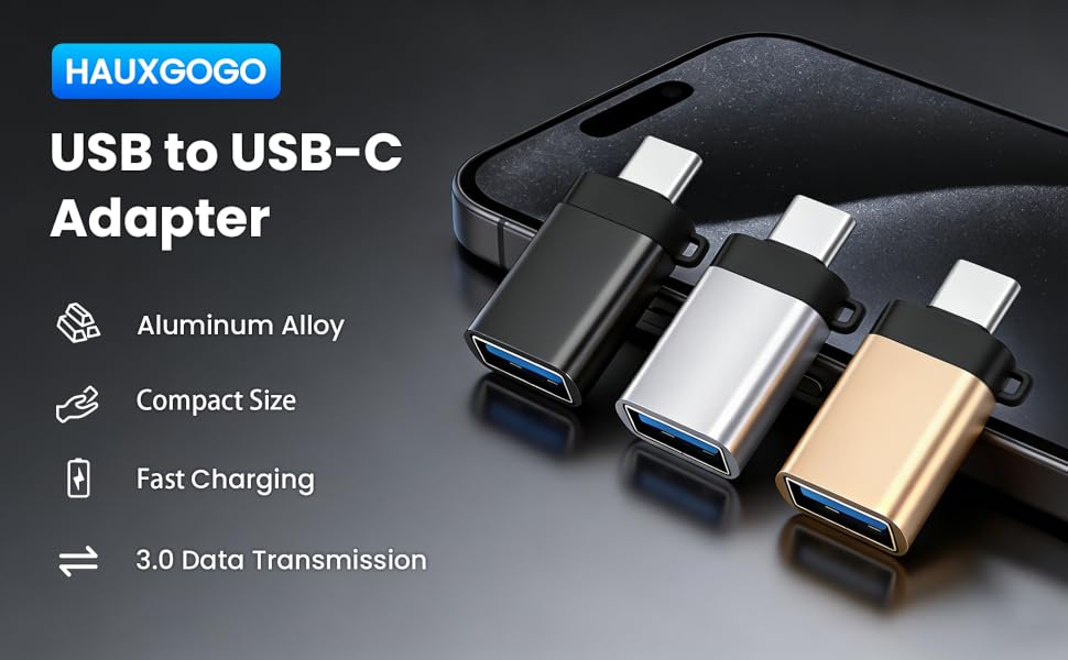 Text reads 'HAUXGOGO USB to USB-C Adapter'. Product features listed: 'Aluminum Alloy', 'Compact Size', 'Fast Charging', '3.0 Data Transmission'. Shows black and metallic adapters.