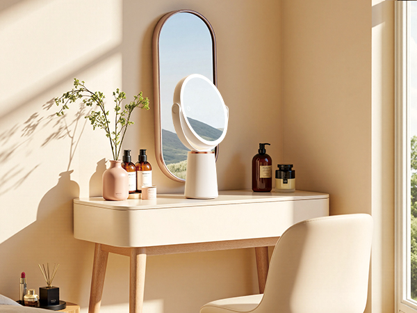 Round double-sided lighted cosmetic mirror on modern dressing table for home daily makeup