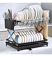 Fzooua 2 Tier Collapsible Dish Drying Rack for Kitchen Counter, Dish Drainer with Drainboard Uten...