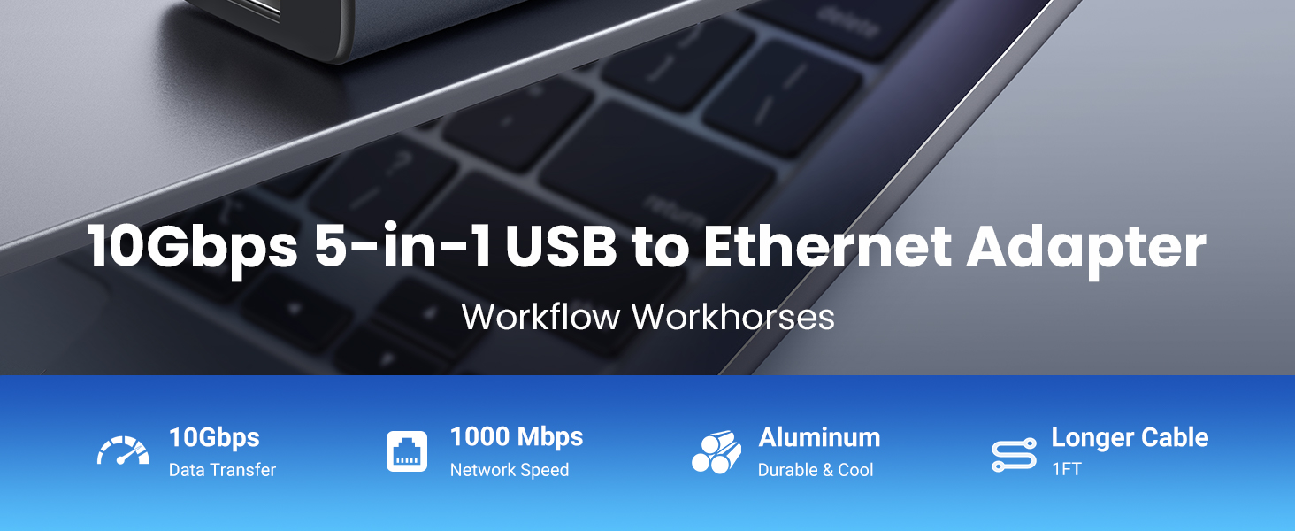 UGREEN USB to Ethernet Adapter, 10Gbps 5 in 1 USB Hub Ethernet with 2* USB-C 3.2, USB-A 3.2/2.0