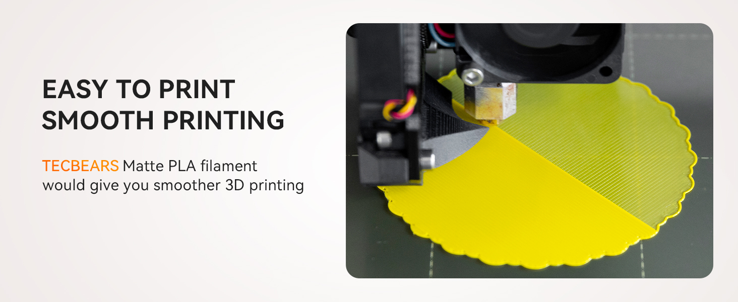 3D printer nozzle extruding bright yellow filament onto a print bed. Text overlay mentions 'EASY TO PRINT SMOOTH PRINTING'.