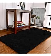 Keeko Small Fluffy Rug for Bedroom, 2x4 Black Bedside Runner Rug Non Slip Throw Rugs for Living R...