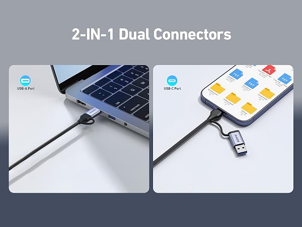 Dual-sided USB cable with USB-C and USB-A connectors, shown plugged into a laptop and smartphone. Text '2-IN-1 Dual Connectors' visible.