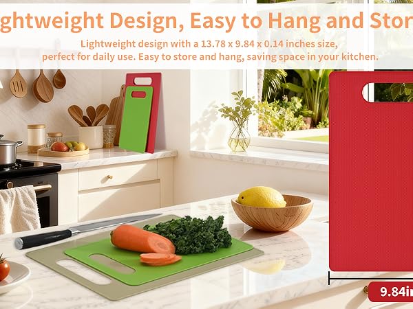 Lightweight plastic cutting board with handle hole, 13.78 x 9.84 inches, easy to store and hang