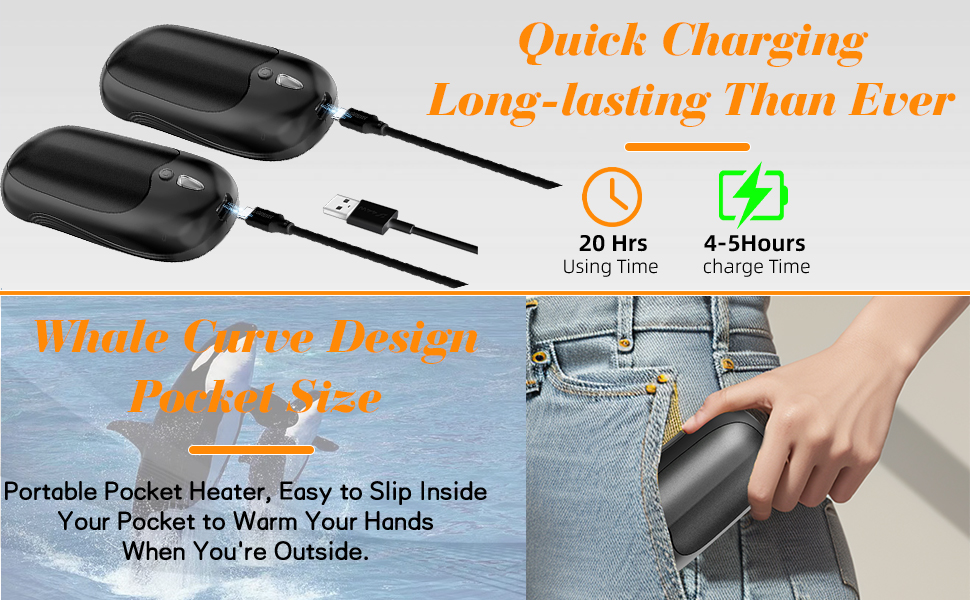 Quick Charging, Longer Lasting Warmth, and Whale Curve Fashion Design, Portable Pocket Size Heater.