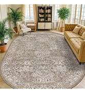 Moss Washable 8x12 Large Living Room Oval Area Rug - Non Slip Floral Design Carpet for Dining Roo...