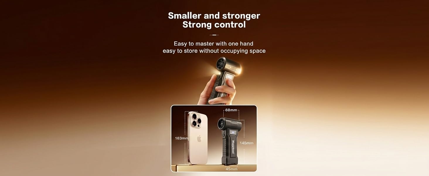 Hand holding compact Hopetool turbo fan with size comparison next to smartphone showing dimensions