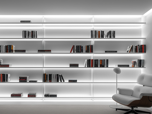 Modern minimalist library or reading room with illuminated floating shelves displaying books, featuring white walls and a contemporary chair.
