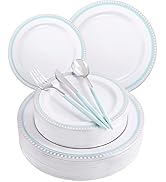 COLOSUS 125pcs Disposable Blue Plastic Plates Silver Plastic Silverware .Light blue dinnerware pa...