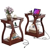 WLIVE End Tables Living Room Set of 2, Cherry Side Tables with Charging Station, Nightstand for B...