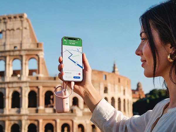 10000mAh portable charger powering phone GPS navigation for seamless travel trip in Rome