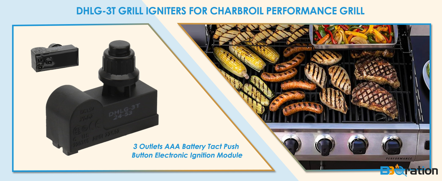 DHLG-3T Grill Igniters for Charbroil Performance Grill, 3 Outlets AAA Battery Tact Push Button