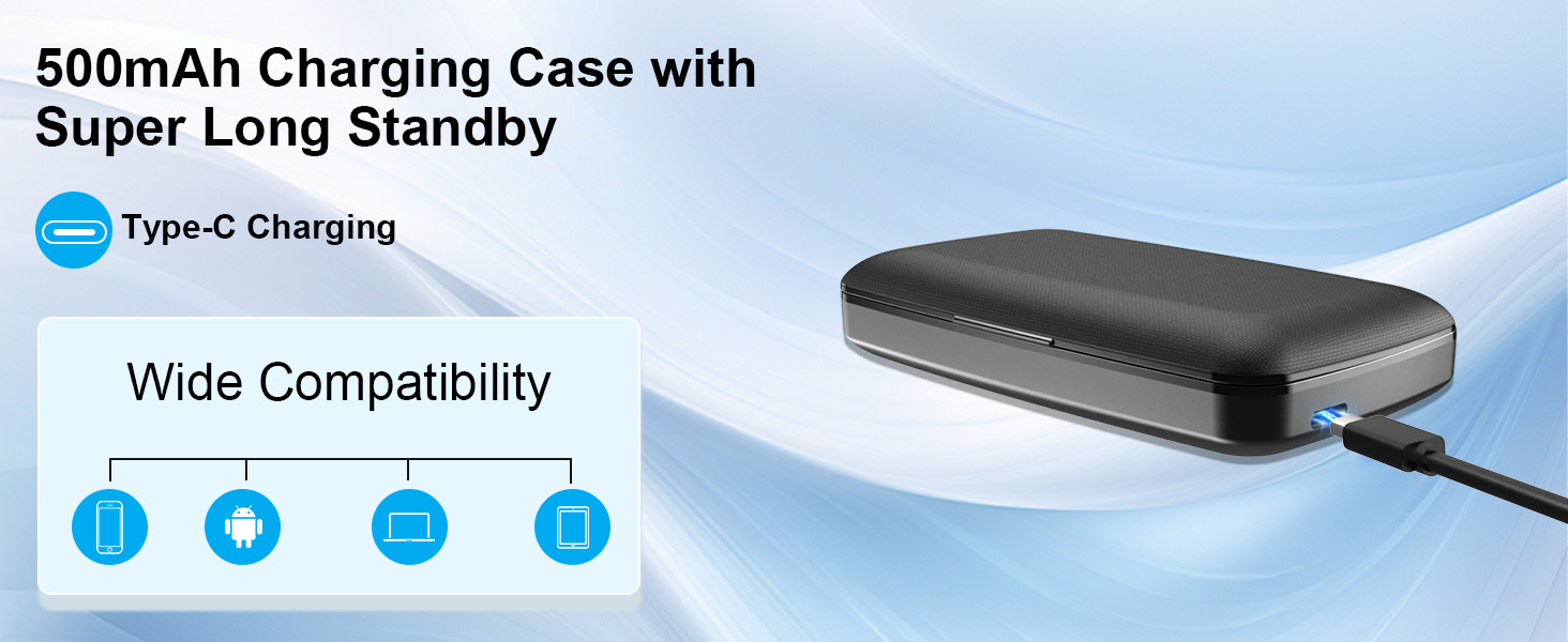 The wireless Headset come with a 500mAh charging case, which is perfect for long trips.