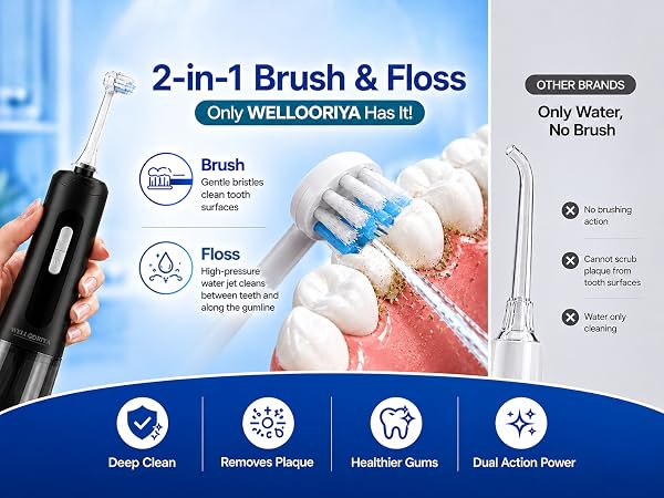 Wellooriya 2-in-1 brush and floss water flosser tip for cleaning teeth and gums