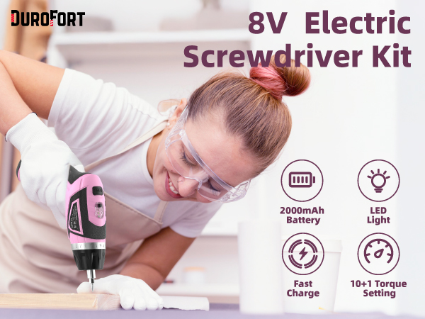 DuroFort 8V Electric Screwdriver Kit product image showing features including 2000mAh battery, LED light, fast charge, and 16+1 torque settings.