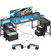 Yoobure L Shaped Desk with Drawers, Gaming Desk with LED Lights &amp; Outlets, 75" Reversible Compute...